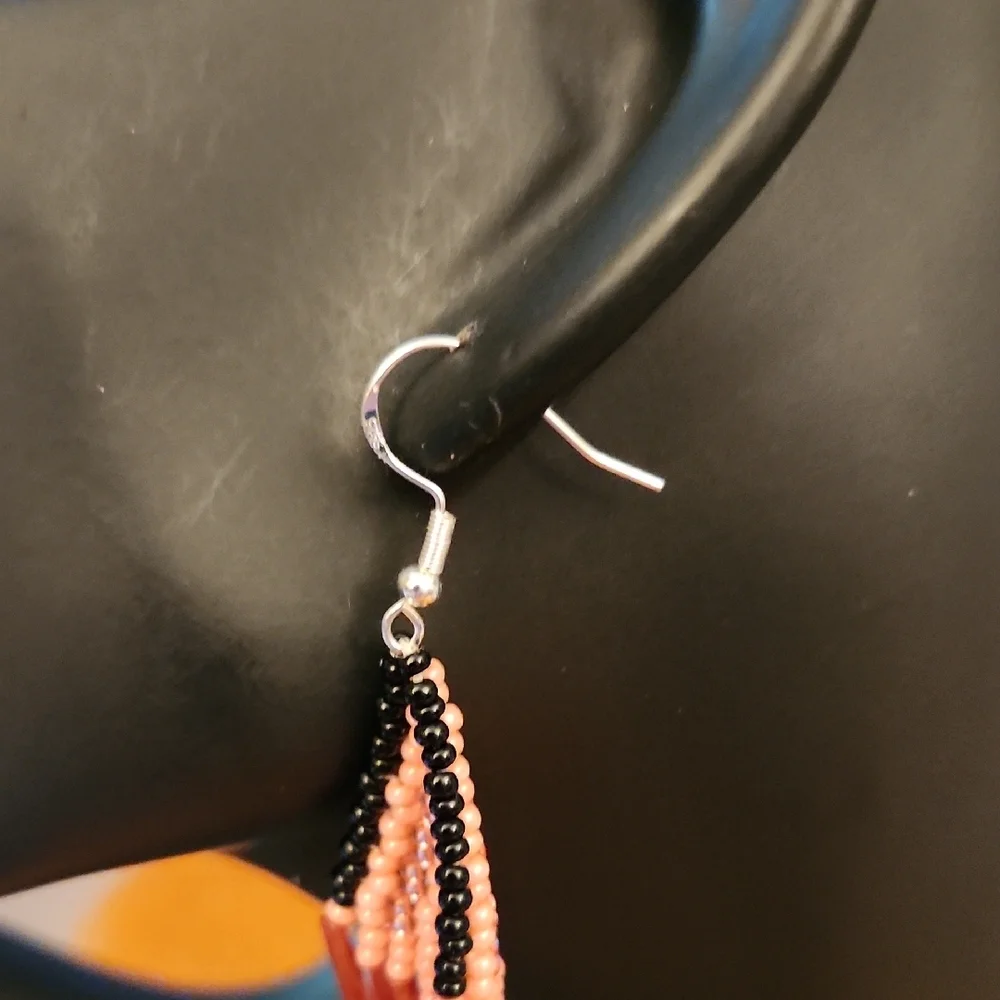 Hand Crafted Black and Pink Beaded Earrings
